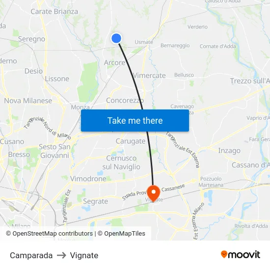 Camparada to Vignate map