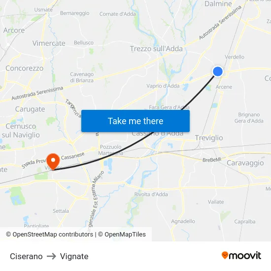 Ciserano to Vignate map