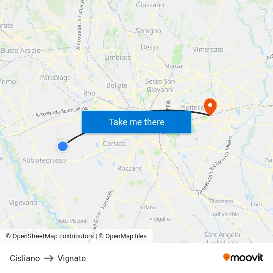 Cisliano to Vignate map