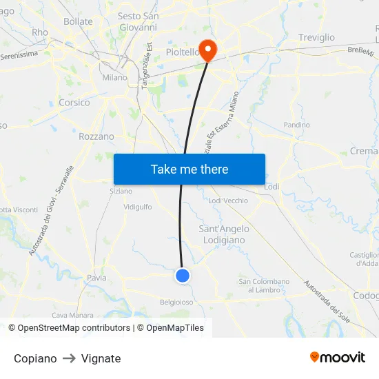 Copiano to Vignate map