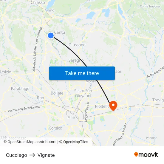 Cucciago to Vignate map