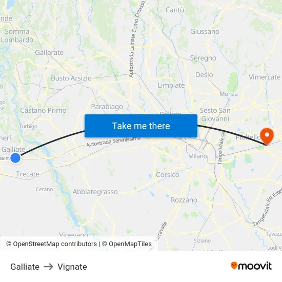 Galliate to Vignate map