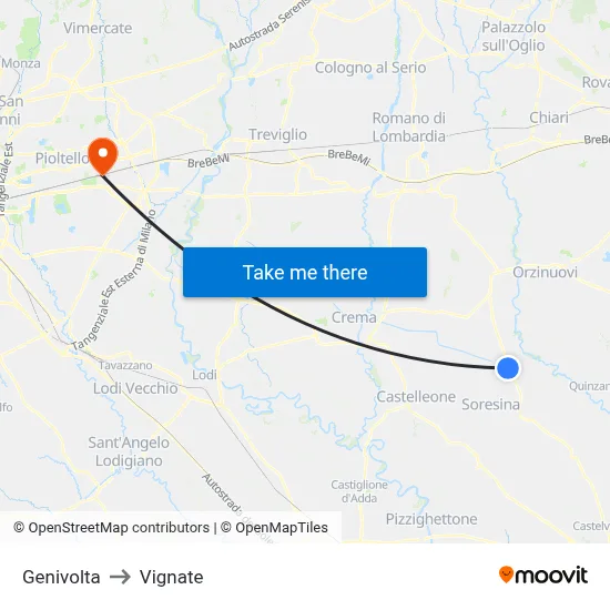 Genivolta to Vignate map