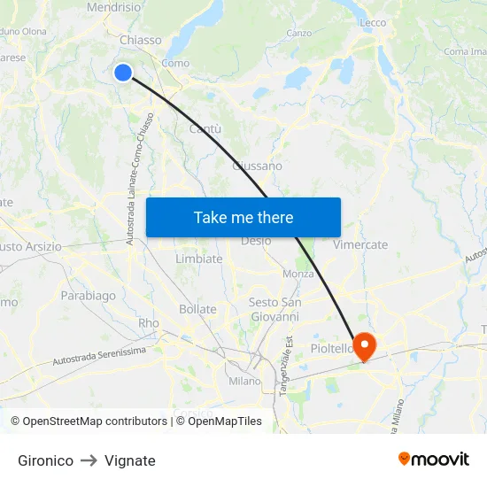 Gironico to Vignate map