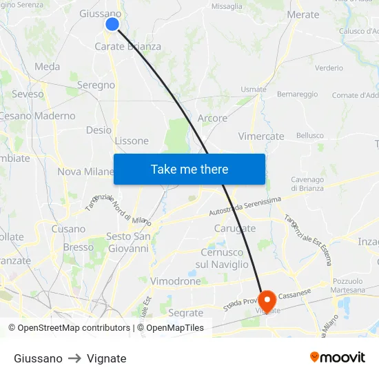 Giussano to Vignate map