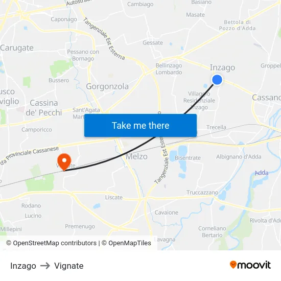 Inzago to Vignate map