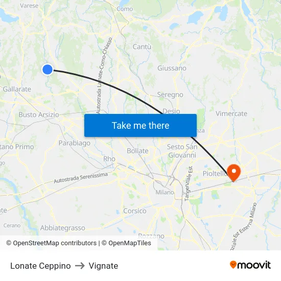 Lonate Ceppino to Vignate map