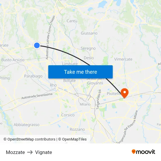 Mozzate to Vignate map