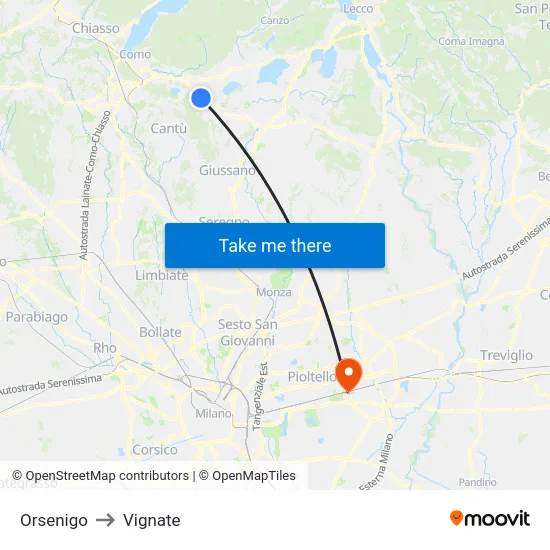Orsenigo to Vignate map
