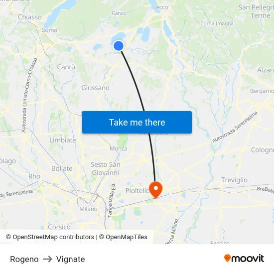Rogeno to Vignate map