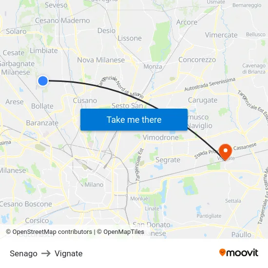 Senago to Vignate map