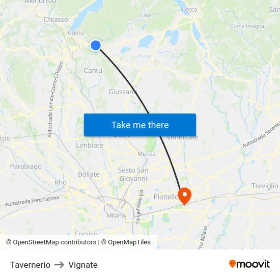 Tavernerio to Vignate map