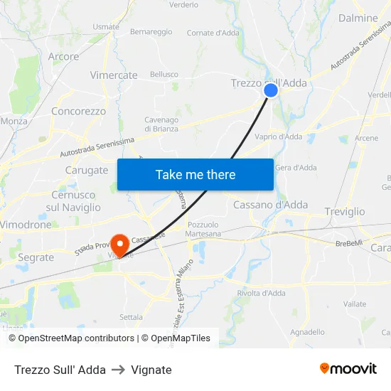 Trezzo Sull' Adda to Vignate map