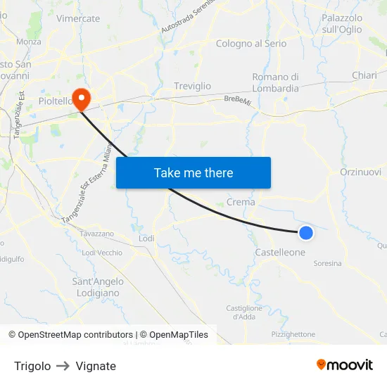 Trigolo to Vignate map