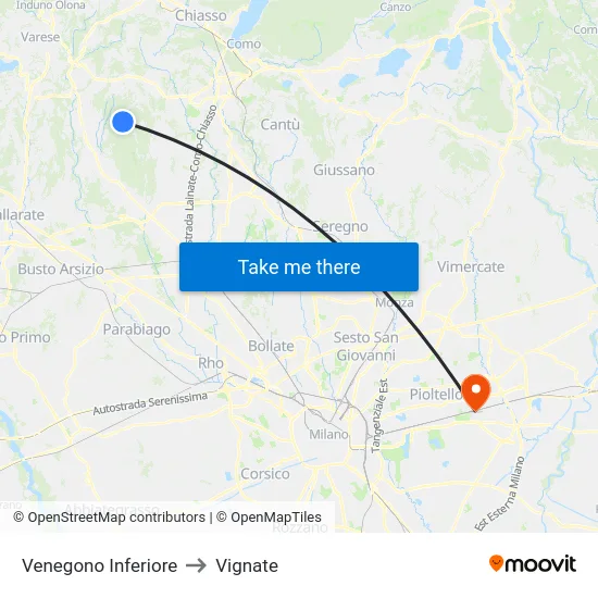 Venegono Inferiore to Vignate map