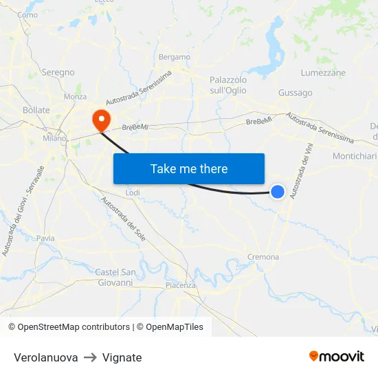 Verolanuova to Vignate map