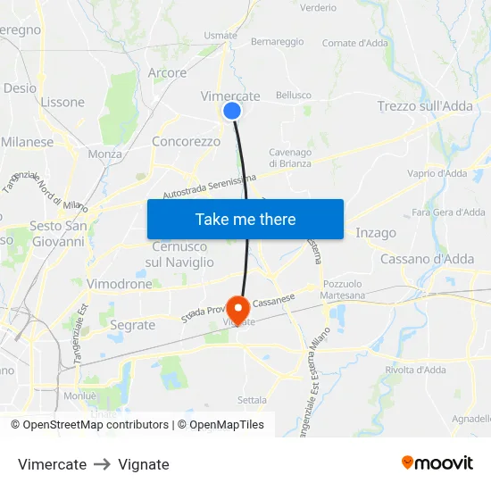 Vimercate to Vignate map