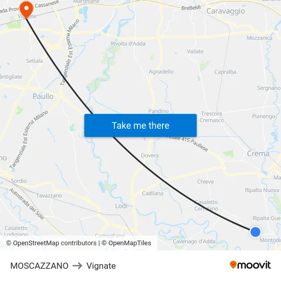Moscazzano to Vignate map