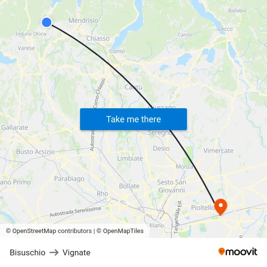 Bisuschio to Vignate map