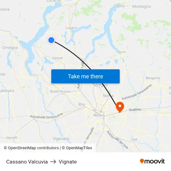 Cassano Valcuvia to Vignate map