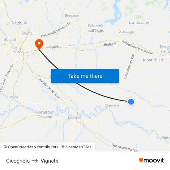 Cicognolo to Vignate map