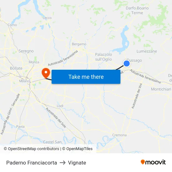 Paderno Franciacorta to Vignate map