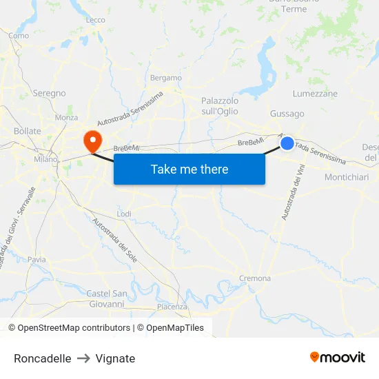 Roncadelle to Vignate map