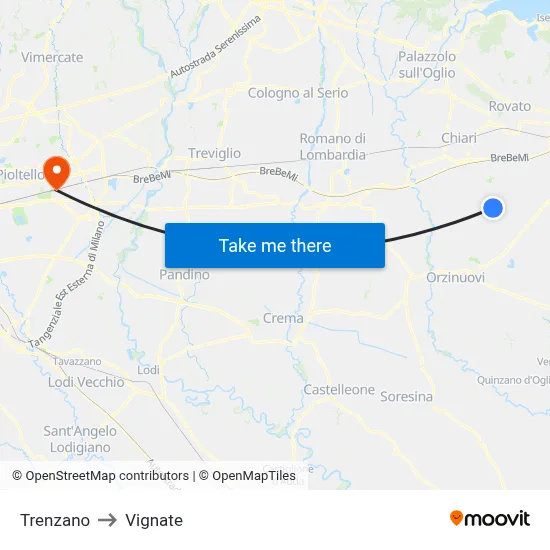 Trenzano to Vignate map