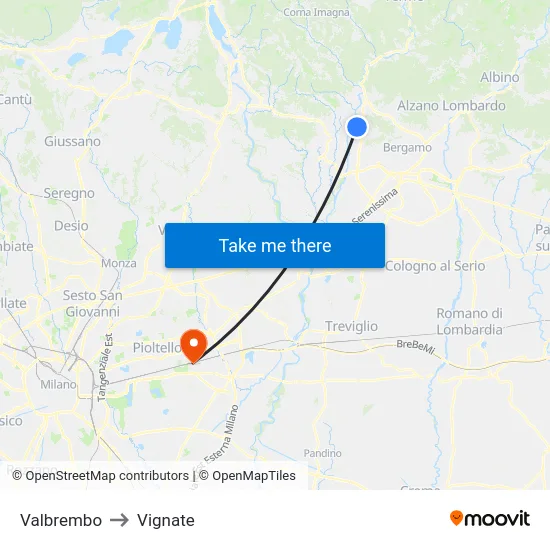 Valbrembo to Vignate map