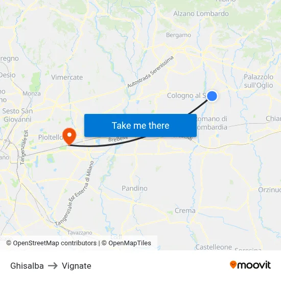 Ghisalba to Vignate map
