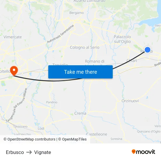 Erbusco to Vignate map