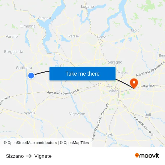 Sizzano to Vignate map