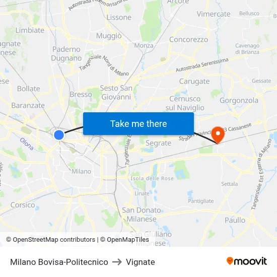 Milan Bovisa-Polytechnic to Vignate map