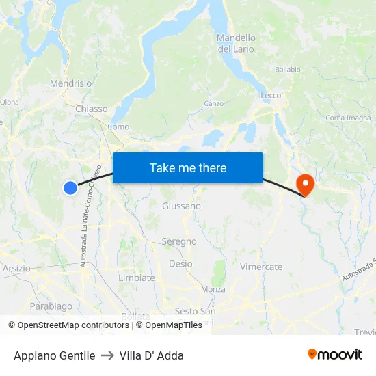 Appiano Gentile to Villa D' Adda map