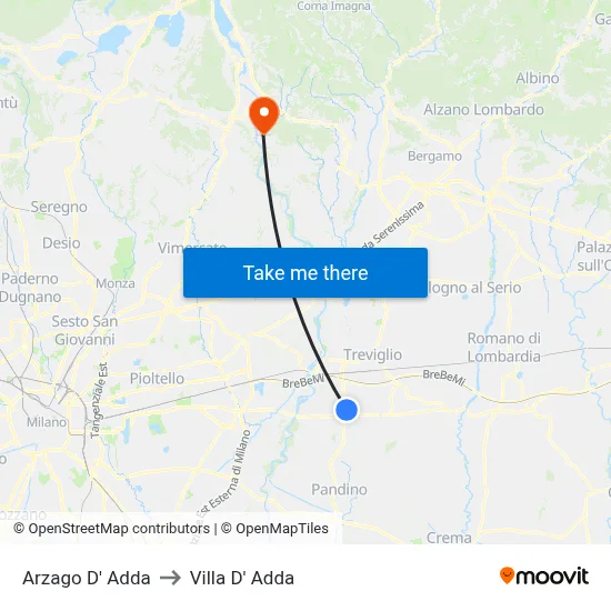 Arzago d'Adda to Villa D' Adda map