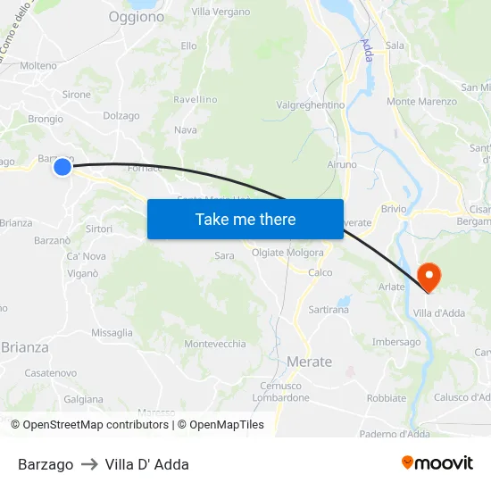 Barzago to Villa D' Adda map