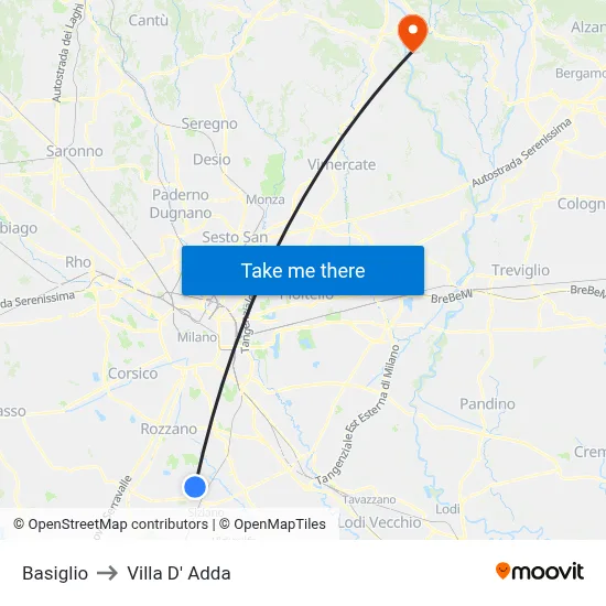 Basiglio to Villa D' Adda map