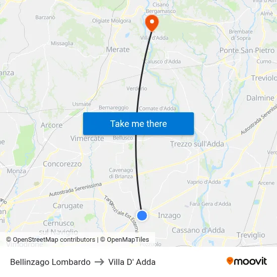 Bellinzago Lombardo to Villa D' Adda map