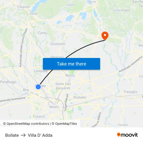 Bollate to Villa D' Adda map