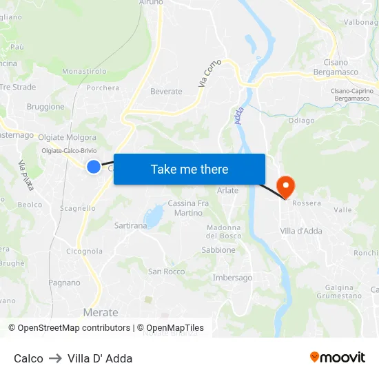 Calco to Villa D' Adda map