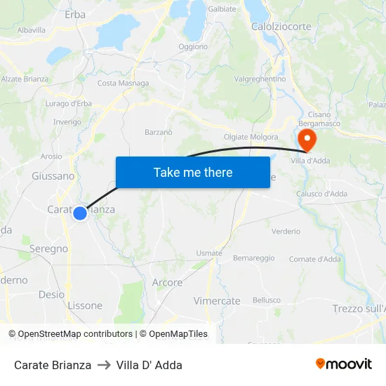 Carate Brianza to Villa D' Adda map