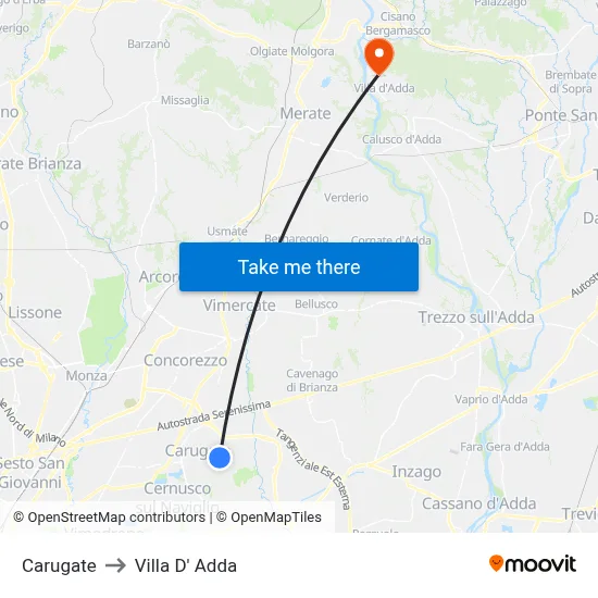 Carugate to Villa D' Adda map