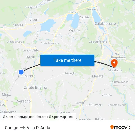 Carugo to Villa D' Adda map
