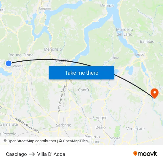 Casciago to Villa D' Adda map