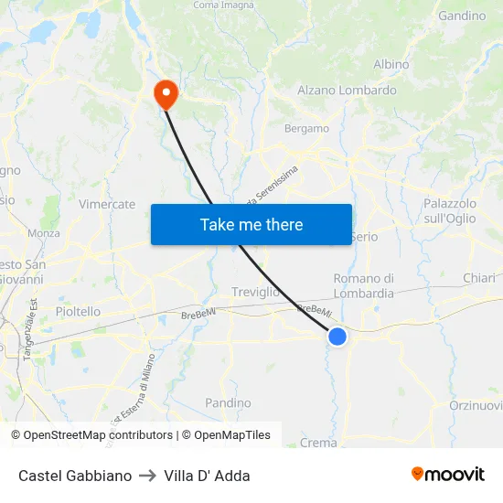 Castel Gabbiano to Villa D' Adda map
