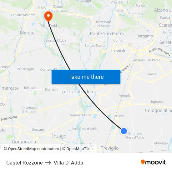 Castel Rozzone to Villa D' Adda map