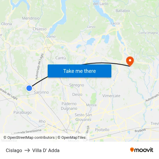 Cislago to Villa D' Adda map