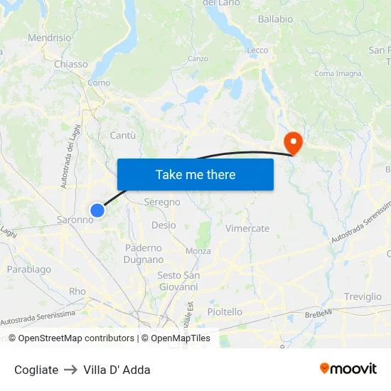Cogliate to Villa D' Adda map