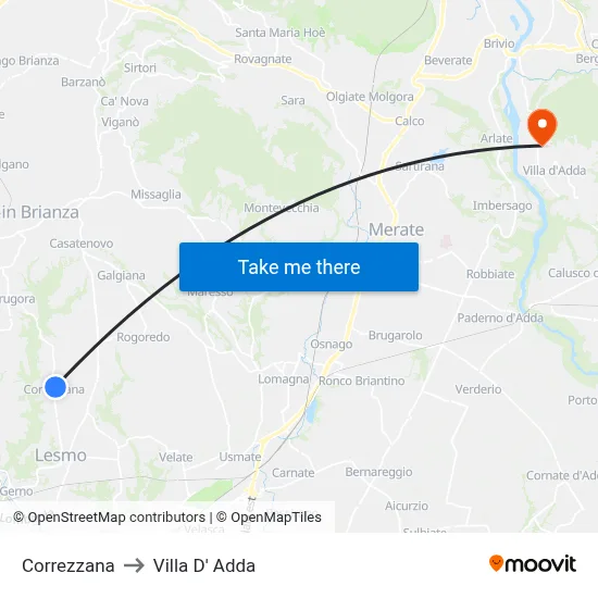 Correzzana to Villa D' Adda map