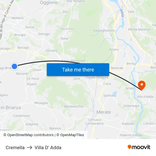 Cremella to Villa D' Adda map